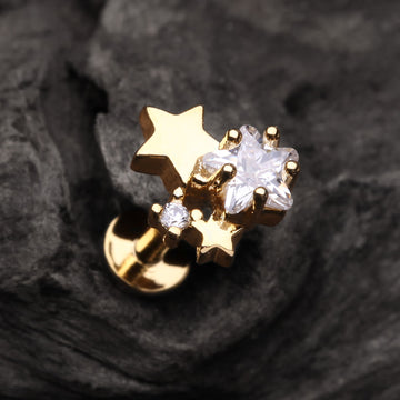 Detail View 1 of Golden Sparkle Stars Top Internally Threaded Steel Labret-Clear Gem